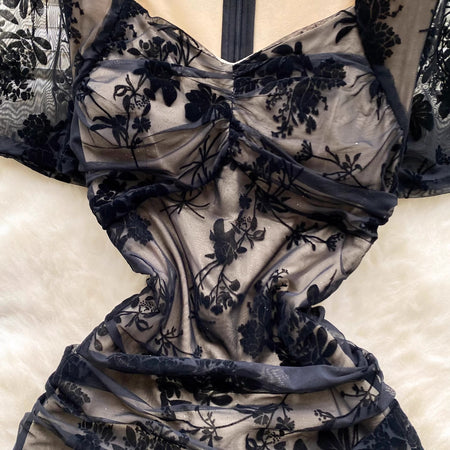Canan Embossed Floral Padded Dress - close-up shot of ruched bodice detail, navy blue and beige - Miss Mosa By Akanksha