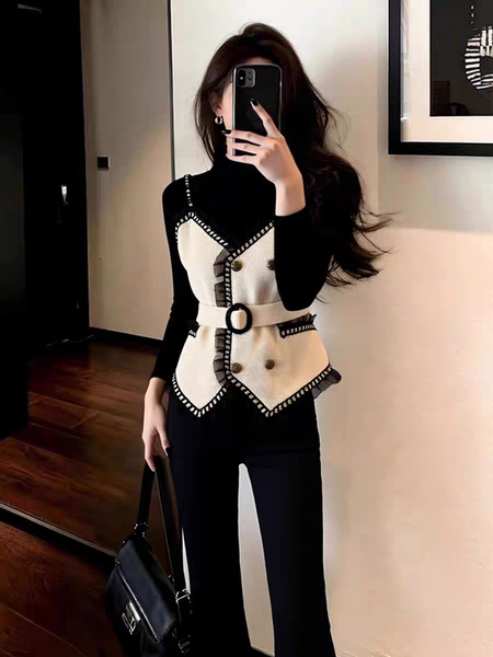 Candela Woolen Top With Cape Sweater - full-length shot on model, black and cream - Miss Mosa By Akanksha