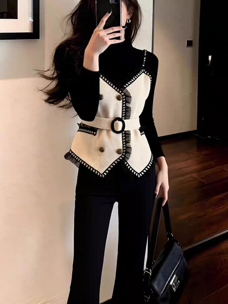 Candela Woolen Top With Cape Sweater - front shot on model, black and cream - Miss Mosa By Akanksha