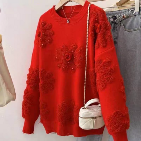 Canna Floral Pearl Woolen Sweater - flat-lay product shot, red - Miss Mosa By Akanksha