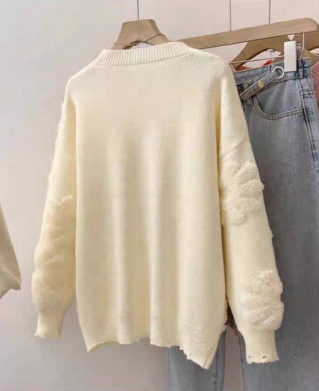 Canna Floral Pearl Woolen Sweater - flat-lay product shot of back, cream - Miss Mosa By Akanksha