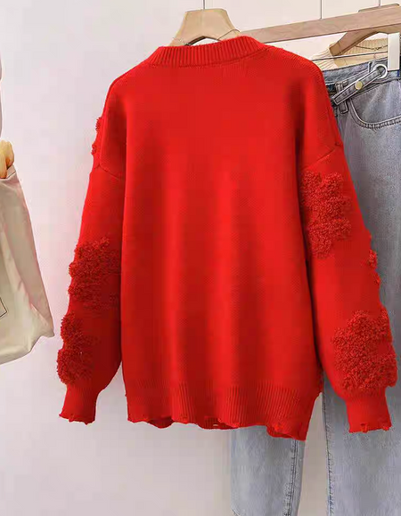Canna Floral Pearl Woolen Sweater - flat-lay product shot of back, red - Miss Mosa By Akanksha