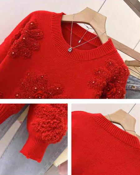 Canna Floral Pearl Woolen Sweater - close-up of fabric detail, red - Miss Mosa By Akanksha