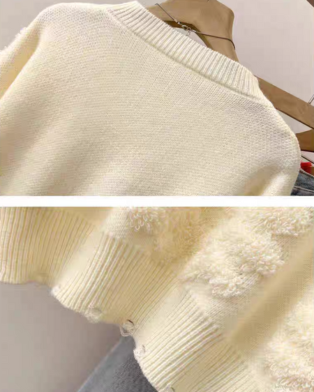 Canna Floral Pearl Woolen Sweater - close-up of fabric detail, cream - Miss Mosa By Akanksha