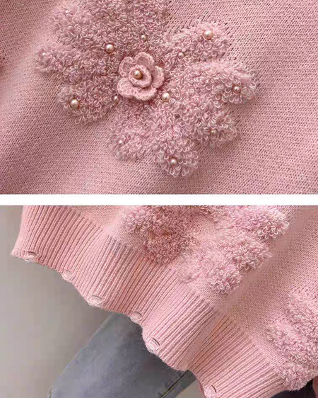 Canna Floral Pearl Woolen Sweater - close-up of fabric detail, pink - Miss Mosa By Akanksha