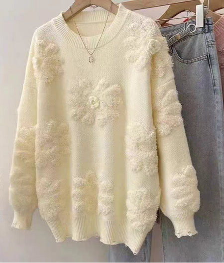 Canna Floral Pearl Woolen Sweater - flat-lay product shot, cream - Miss Mosa By Akanksha