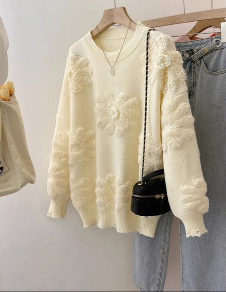 Canna Floral Pearl Woolen Sweater - flat-lay product shot, cream - Miss Mosa By Akanksha