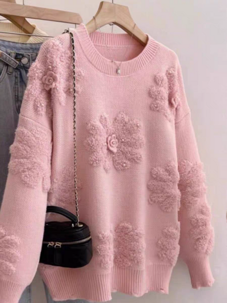 Canna Floral Pearl Woolen Sweater - flat-lay product shot, pink - Miss Mosa By Akanksha