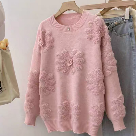Canna Floral Pearl Woolen Sweater - flat-lay product shot, pink - Miss Mosa By Akanksha