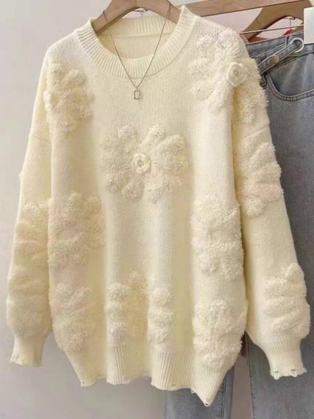 Canna Floral Pearl Woolen Sweater - flat-lay product shot, cream - Miss Mosa By Akanksha