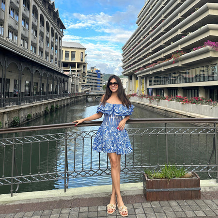 Capri Luxe Summer Dress in Blue - lifestyle shot on model, blue - Miss Mosa By Akanksha