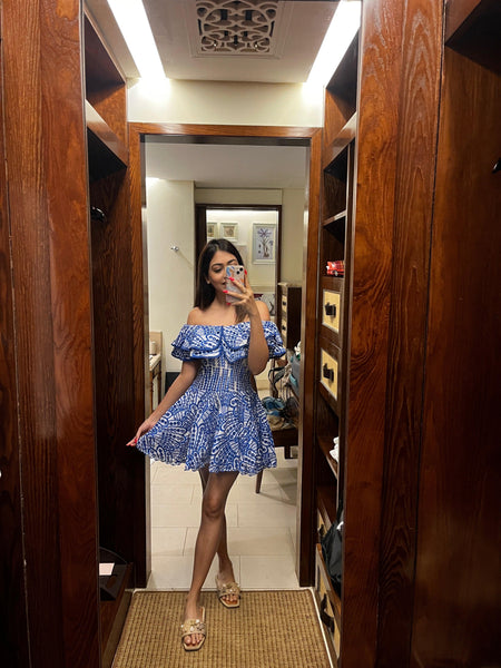 Capri Luxe Summer Dress in Blue - lifestyle shot on model, blue - Miss Mosa By Akanksha
