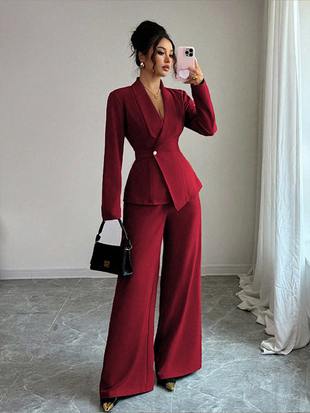 Cara Luxe Coord Set - full-length front shot, wine red - Miss Mosa By Akanksha