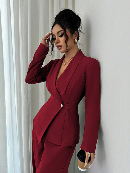 Cara Luxe Coord Set - three-quarter front shot, wine red - Miss Mosa By Akanksha
