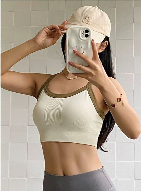 Caren Tank Tops With Inbuilt Bra - front shot on model, cream - Miss Mosa By Akanksha