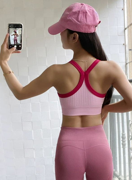 Caren Tank Tops With Inbuilt Bra - back mirror selfie on model, pink and red - Miss Mosa By Akanksha