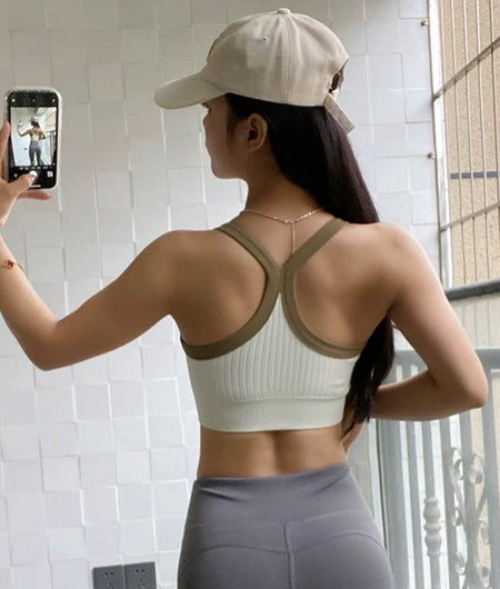 Caren Tank Tops With Inbuilt Bra - back mirror selfie on model, cream and olive - Miss Mosa By Akanksha