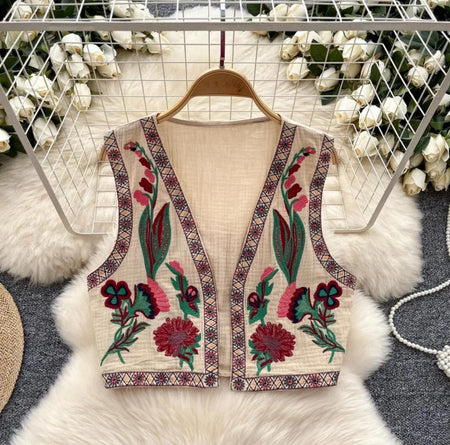 Cari Statement Vest Top In Beige - front product shot on hanger - Miss Mosa By Akanksha