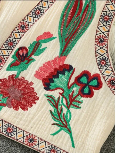 Cari Statement Vest Top In Beige - close-up of floral embroidery detail - Miss Mosa By Akanksha
