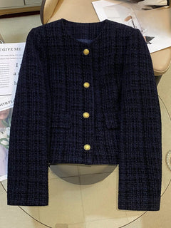 Carlo Woolen Tweed Jacket - flat-lay product shot, navy blue - Miss Mosa By Akanksha