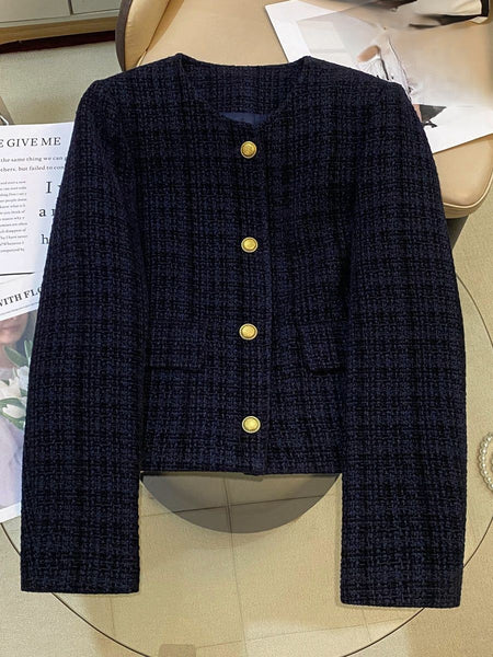 Carlo Woolen Tweed Jacket - flat-lay product shot, navy blue - Miss Mosa By Akanksha