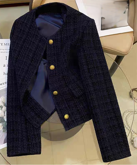 Carlo Woolen Tweed Jacket - flat-lay product shot, navy blue - Miss Mosa By Akanksha