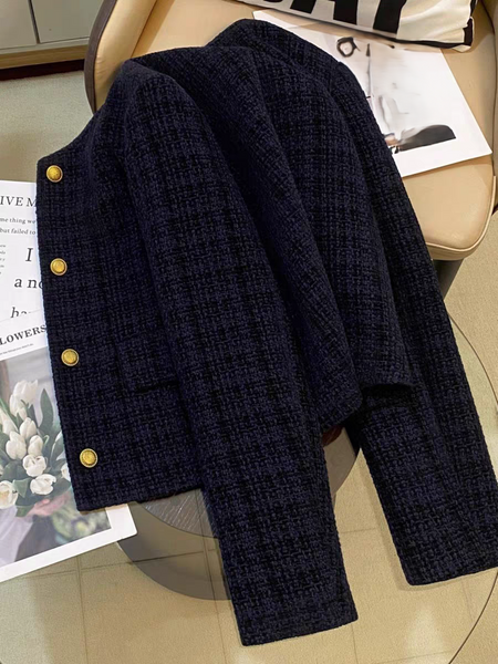 Carlo Woolen Tweed Jacket - flat-lay product shot, navy blue - Miss Mosa By Akanksha