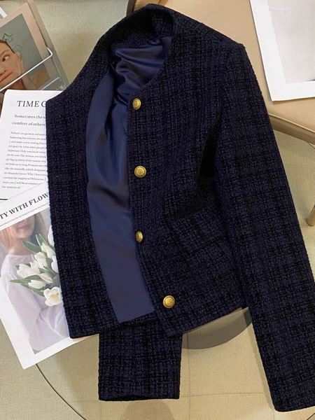 Carlo Woolen Tweed Jacket - flat-lay product shot, navy blue - Miss Mosa By Akanksha