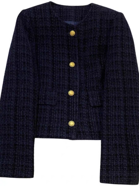Carlo Woolen Tweed Jacket - flat-lay product shot, navy blue - Miss Mosa By Akanksha