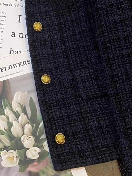 Carlo Woolen Tweed Jacket - close-up of button detail, navy blue - Miss Mosa By Akanksha
