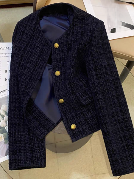 Carlo Woolen Tweed Jacket - flat-lay product shot, navy blue - Miss Mosa By Akanksha