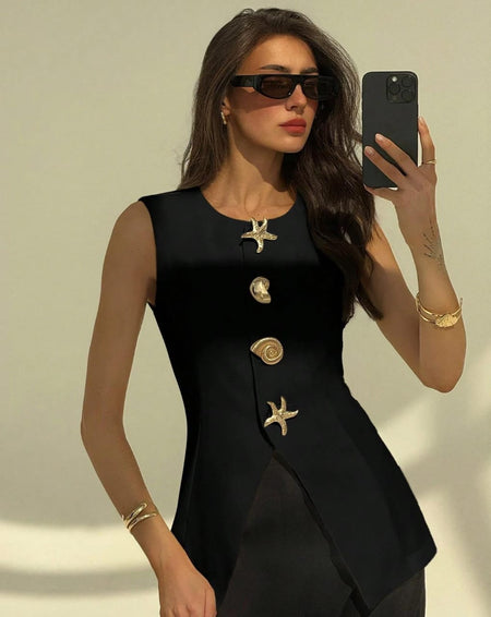 Carlotta Statement Starfish Top - front mirror selfie shot on model, black - Miss Mosa By Akanksha