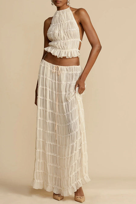 Carmela Backless Coord Skirt Set - full-length front shot, cream - Miss Mosa By Akanksha