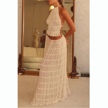 Carmela Backless Coord Skirt Set - mirror side shot, cream - Miss Mosa By Akanksha