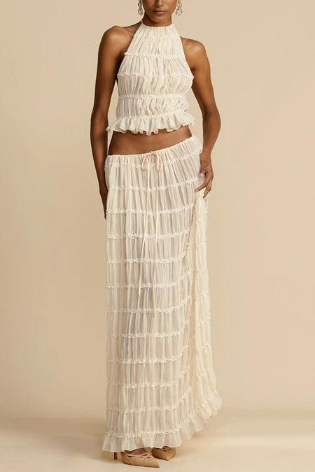 Carmela Backless Coord Skirt Set - full-length front shot, cream - Miss Mosa By Akanksha
