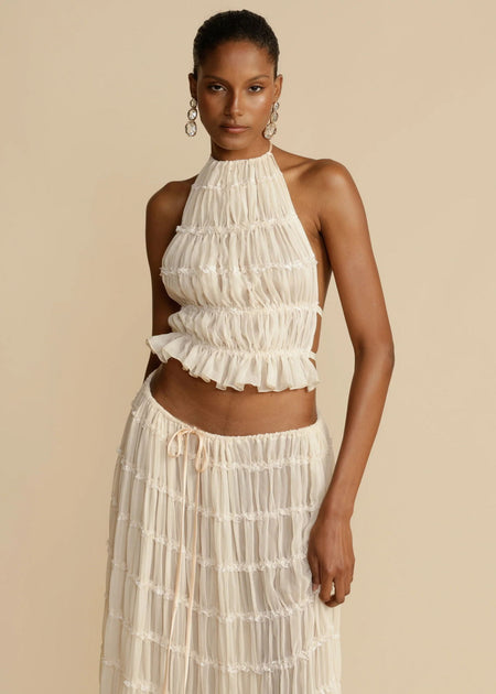 Carmela Backless Coord Skirt Set - close-up front shot, cream - Miss Mosa By Akanksha