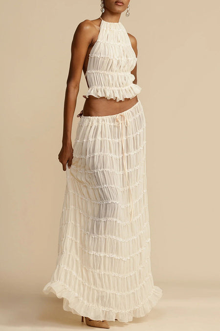 Carmela Backless Coord Skirt Set - full-length three-quarter shot, cream - Miss Mosa By Akanksha