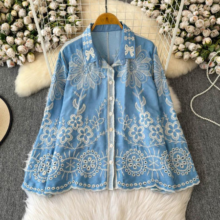 Caro Premium Embroidered Cotton Shirts In Blue - front shot on hanger - Miss Mosa By Akanksha