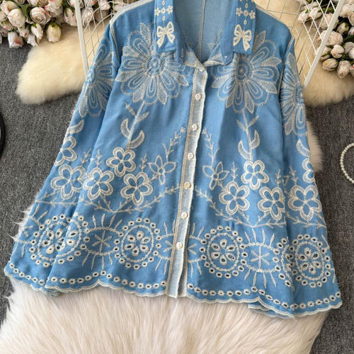Caro Premium Embroidered Cotton Shirts In Blue