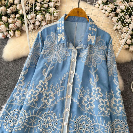 Caro Premium Embroidered Cotton Shirts In Blue - front shot on hanger - Miss Mosa By Akanksha