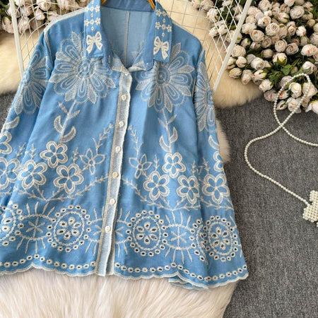 Caro Premium Embroidered Cotton Shirts In Blue - front shot on hanger - Miss Mosa By Akanksha