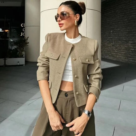 Carol Statement Woolen Tweed Coat - front shot on model outdoors, khaki - Miss Mosa By Akanksha