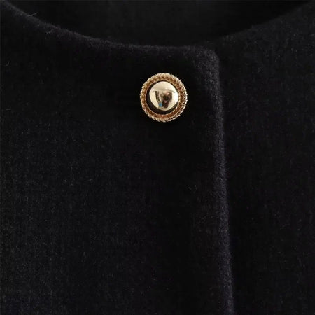 Carol Statement Woolen Tweed Coat - close-up of button detail, black - Miss Mosa By Akanksha