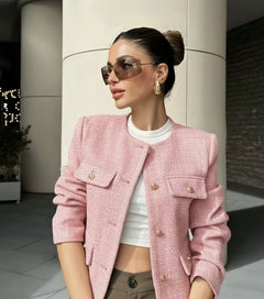 Carol Statement Woolen Tweed Coat - front shot on model outdoors, pink - Miss Mosa By Akanksha