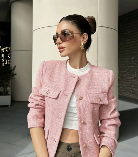 Carol Statement Woolen Tweed Coat - front shot on model outdoors, pink - Miss Mosa By Akanksha