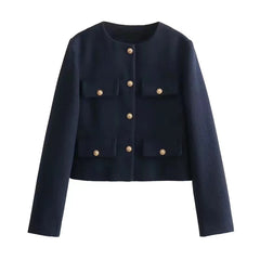 Carol Statement Woolen Tweed Coat - front shot on hanger, navy - Miss Mosa By Akanksha