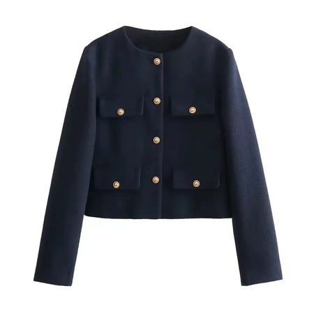 Carol Statement Woolen Tweed Coat - front shot on hanger, navy - Miss Mosa By Akanksha