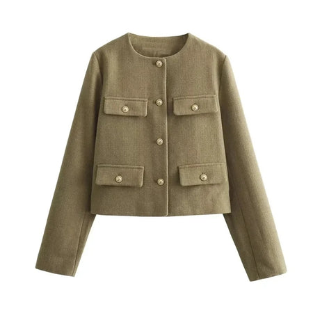 Carol Statement Woolen Tweed Coat - front shot on hanger, khaki - Miss Mosa By Akanksha