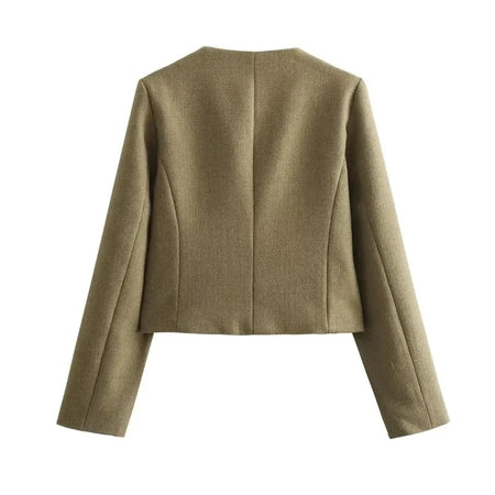 Carol Statement Woolen Tweed Coat - back shot on hanger, khaki - Miss Mosa By Akanksha