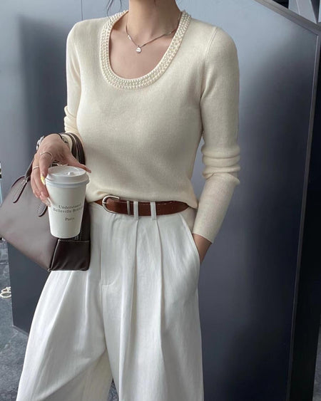 Caroline Pearl Soft Knit Pullover - front shot on model, off-white - Miss Mosa By Akanksha